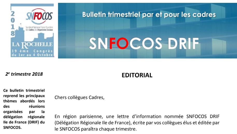 Délégation Régionale d&rsquo;Ile de France du SNFOCOS parution d&rsquo;un bulletin trimestriel
